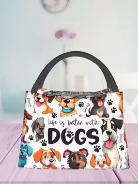 Cute Dog Print Lunch Bag Insulated Thermal Tote Puppy Reusable Food Bag
